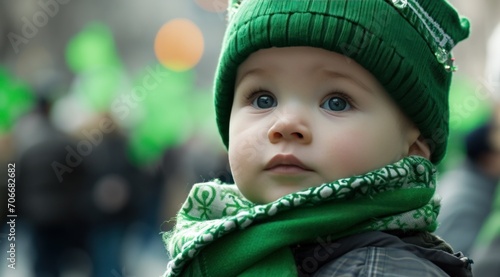a toddler at the st patricks day parade surrounded by shamrocks