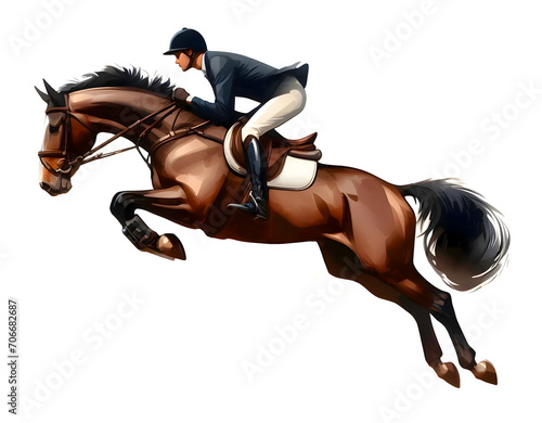Jockey on horse. Jumping competition. Horse riding. Equestrian sport. Jockey riding jumping horse. Horse sport. Watercolor paint. Banner. Isolated on a white background. Show jumping. Generative AI © mari