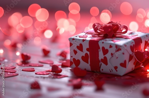 an image of a gift with hearts and red hearts around it © olegganko
