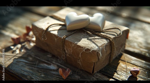 Wallpaper Mural a wooden box with two white hearts tied along with brown paper on a wooden Torontodigital.ca