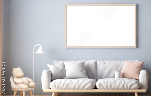 Living Room With White Couch and Lamp Minimalistic and Modern Interior Generative AI