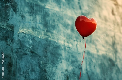 a red heart balloon in the air with a red line across it