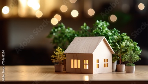 a wooden house model on a wooden table with greenery