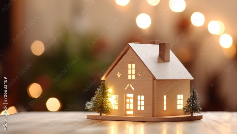 a wooden house model on a wooden table with greenery a wooden house model on a wooden table with greenery