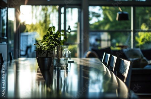 blurred glass door in interior kitchen dining room