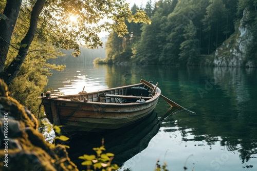 a row boat docked on a lake with trees and water,