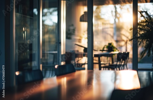 blurred glass door in interior kitchen dining room