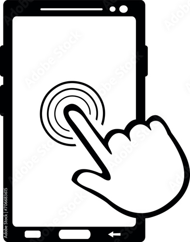 vector drawing illustration icon hand touch screen smartphone device, drawn in black and white