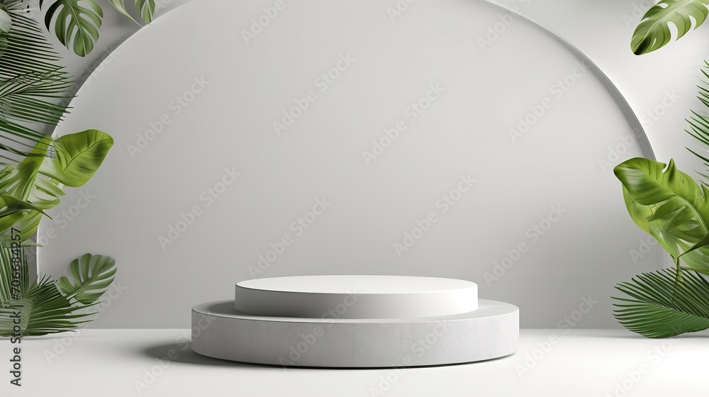 stage 3d gray white background product display podium scene with leaf platform. grey background vector 3d rendering with podium. summer stage white cosmetic product. Generative Ai - obrazy, fototapety, plakaty 