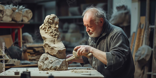 Um escultor em um estúdio de escultura em pedra, cinzelando uma grande pedra para revelar a forma emergente de uma escultura figurativa. photo