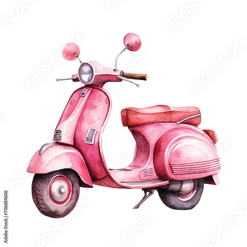 Watercolor Valentine's Day decor, illustrations isolated on white background, pink scooter isolated on white