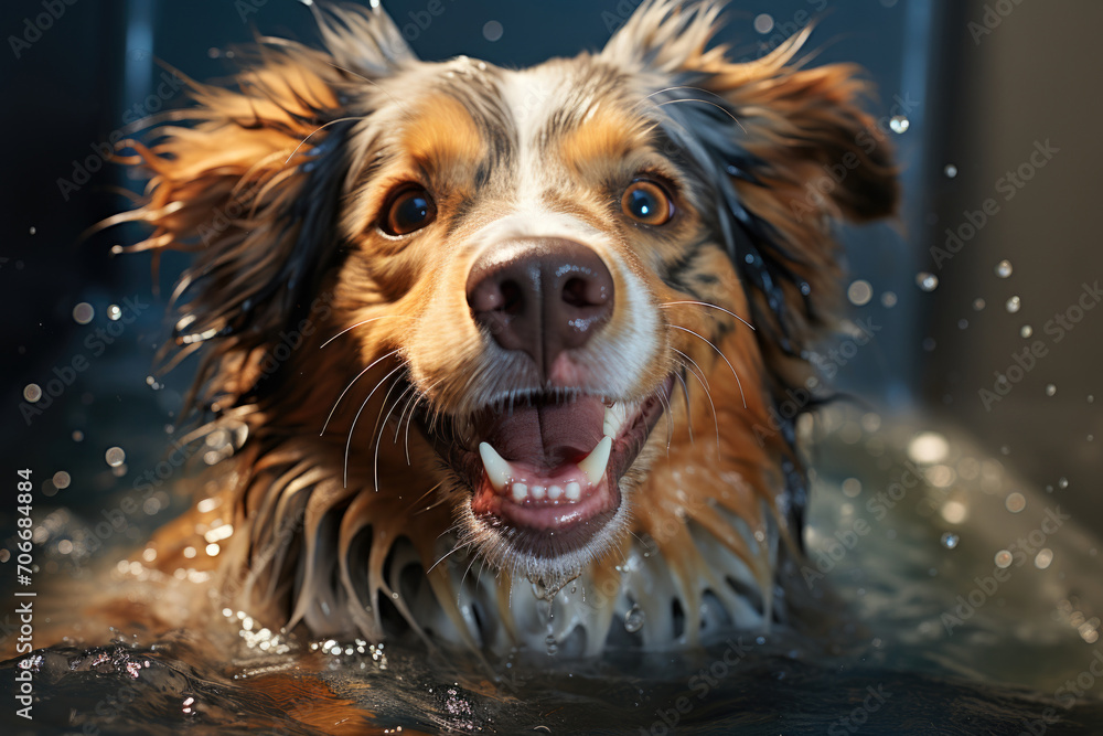 A brown and white dog is in the water.