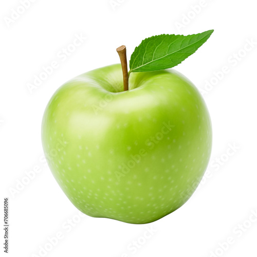 fresh organic green apple cut in half sliced with leaves isolated on white background with clipping path