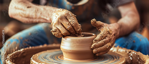 Uma imagem serena com um oleiro no torno, moldando argila em um belo recipiente. A cena transmite a natureza meditativa e prática da cerâmica como uma forma de arte tradicional. photo