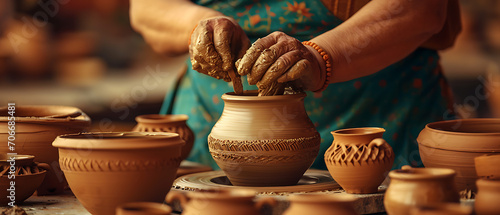 Uma imagem serena com um oleiro no torno, moldando argila em um belo recipiente. A cena transmite a natureza meditativa e prática da cerâmica como uma forma de arte tradicional. photo