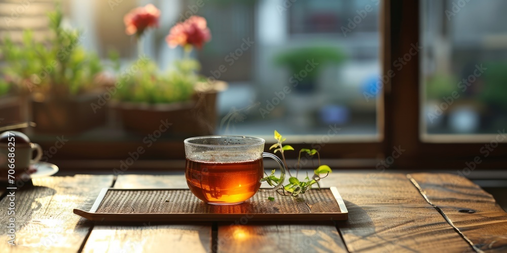 hot tea in a cup on a wooden table Generative AI - obrazy, fototapety, plakaty 