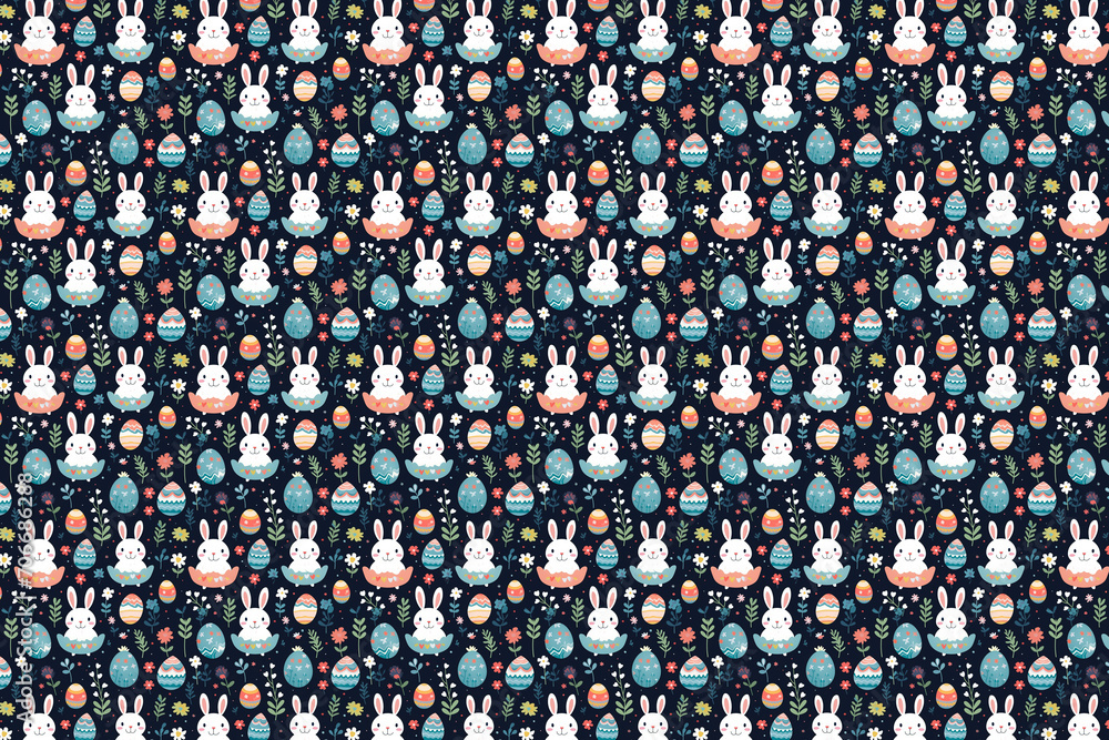 Easter seamless pattern. Colorful eggs and bunny rabbit illustration textile or gift wrapping paper print Easter seamless pattern. Colorful eggs and bunny rabbit illustration textile or gift wrapping paper print