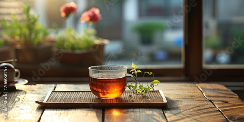 hot tea in a cup on a wooden table Generative AI photo
