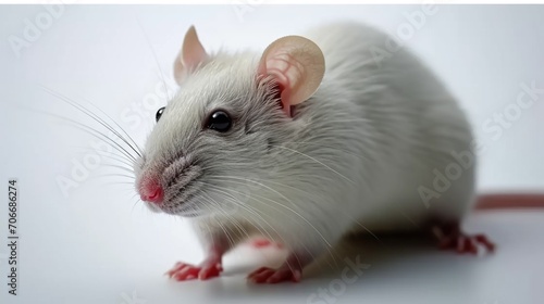 A white rat sitting on top of a table. Laboratory animal, testing model for research.