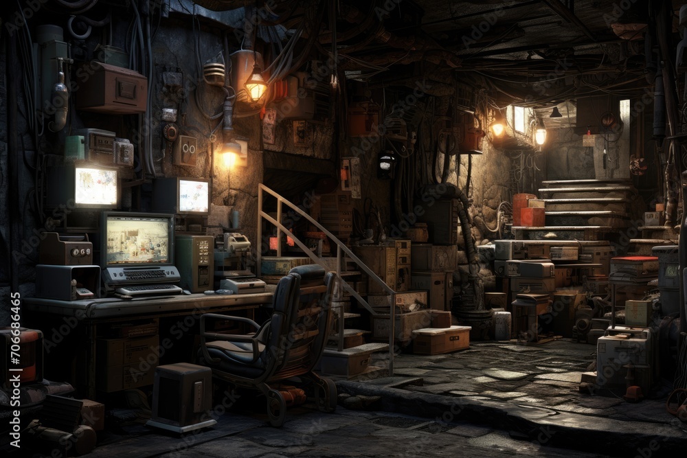A dimly lit, cluttered room with computers, boxes, and various equipment, creating a mysterious, industrial atmosphere.