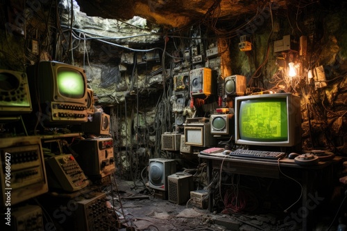 An old, cluttered room filled with green-screen computers, tangled cables, and a cushioned chair.