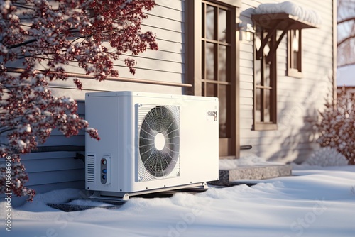 An air conditioning unit outside a house or a heat pomp, surrounded by snow and partially obscured by shrubbery.