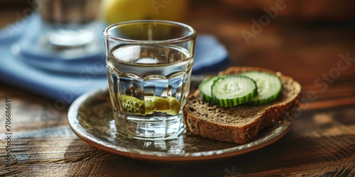 vodka in a glass with pickled cucumbers and bread Generative AI