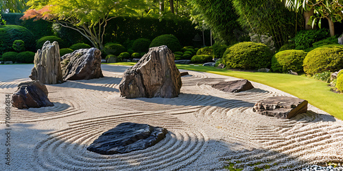 Uma imagem serena de um jardim zen japonês, refletindo os princípios do budismo zen e capturando a simplicidade e tranquilidade inerentes ao design de jardim japonês.