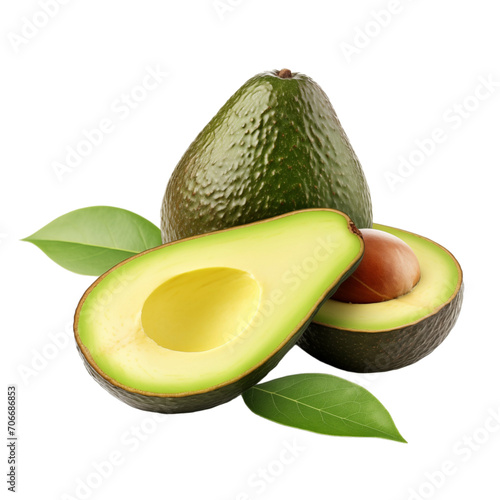 fresh organic avocado cut in half sliced with leaves isolated on white background with clipping path photo
