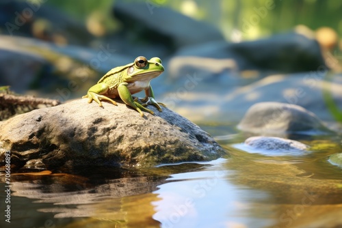 A vibrant green frog, possibly a Dendropsophus molitor, sits on a mossy rock in a flowing stream. photo