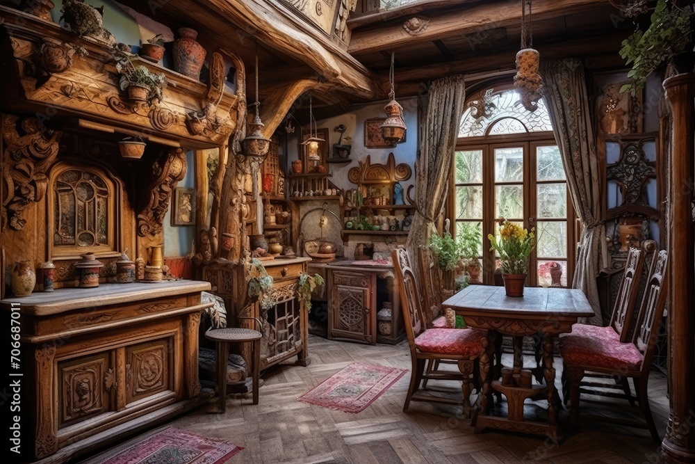 A vintage room with wooden furniture, adorned with pottery and plants, illuminated by natural light from a window.