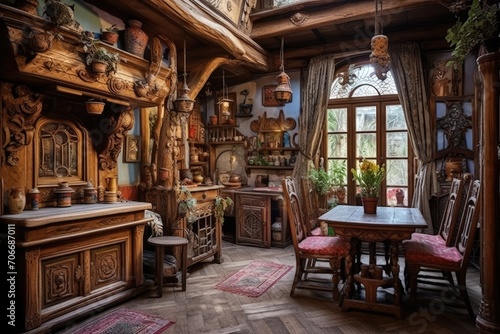 A vintage room with wooden furniture, adorned with pottery and plants, illuminated by natural light from a window.