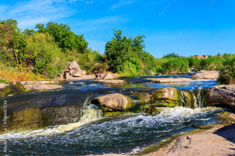 View of Tokovsky waterfalls on the Kamenka river in Dnipropetrovsk region, Ukraine