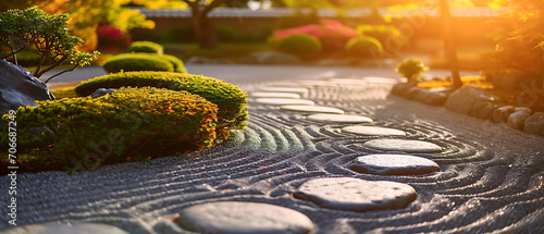 Uma imagem serena de um jardim zen japonês, refletindo os princípios do budismo zen e capturando a simplicidade e tranquilidade inerentes ao design de jardim japonês. photo