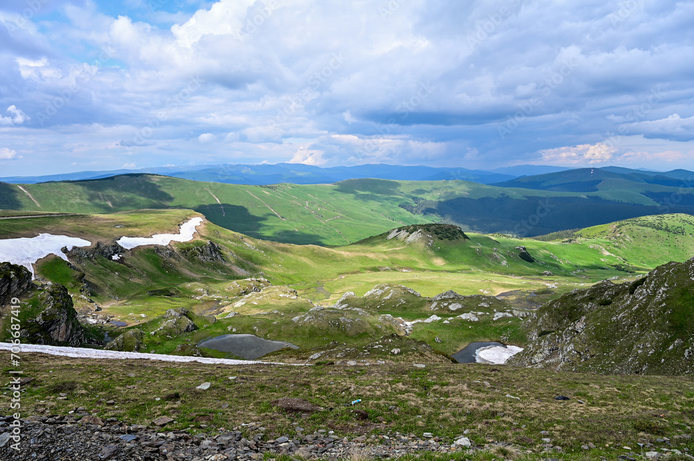 Panoramic view from the Transalpina, Drum national 67C, pass road, famous tourist routes of the Transylvanian Alps in, Gorj, Romania, Transylvania