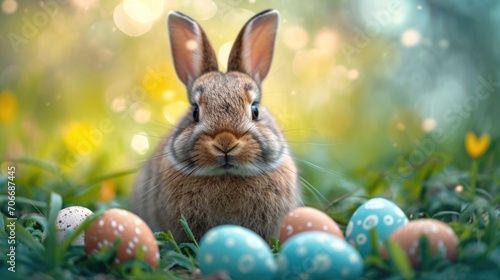 A rabbit sitting in the grass surrounded by easter eggs.