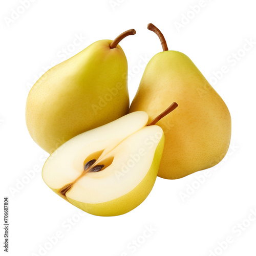 fresh organic pear cut in half sliced with leaves isolated on white background with clipping path photo