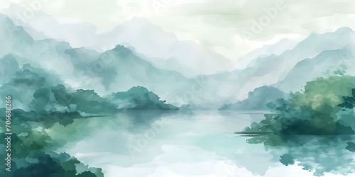 Uma pintura de paisagem serena retratando uma cena tranquila com montanhas, um lago reflexivo e uma paleta de cores suaves e pastéis. © Alexandre
