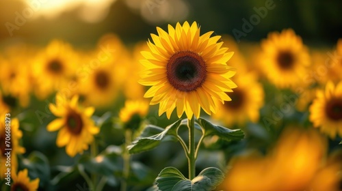 A field of sunflowers with the sun setting in the background. photo