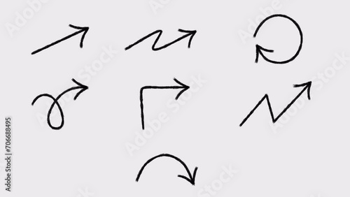 2d animation of appearance of animated hand-drawn arrows set with boil effect. 4K video with alpha-channel.