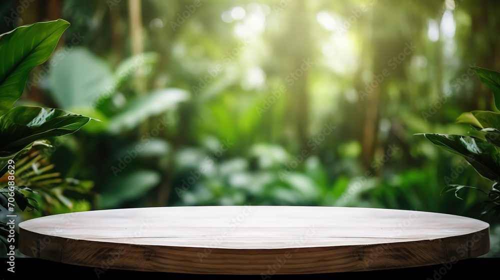 Table top wood counter floor podium in nature outdoors tropical forest garden blurred green jungle plant background.natural product present placement pedestal stand display. Generative Ai - obrazy, fototapety, plakaty 