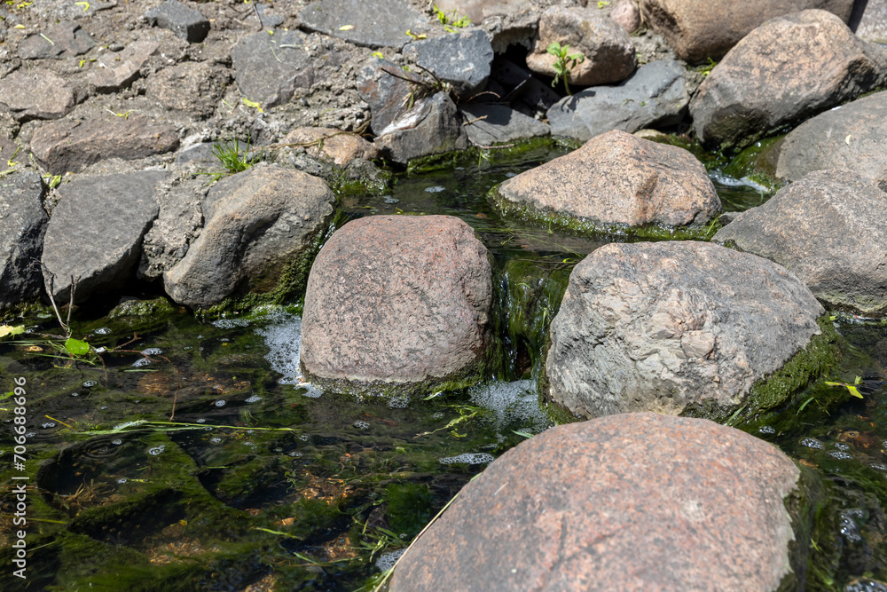 water flowing in a small narrow stream in summer water flowing in a small narrow stream in summer