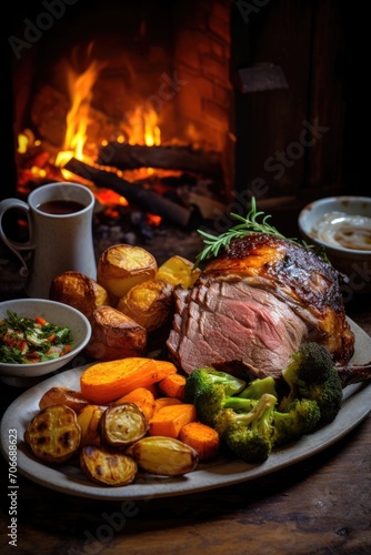 A succulent roast with vegetables, served beside a cozy, warm fireplace.