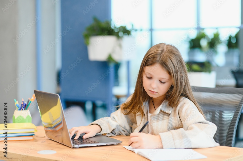 Wow, Online School. Happy Schoolgirl At Laptop Learning. Online Lesson And Educational Offer Posing At Home Wow, Online School. Happy Schoolgirl At Laptop Learning. Online Lesson And Educational Offer Posing At Home