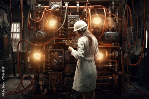 A person in a lab coat is examining a complex, glowing machine in an industrial or laboratory setting.