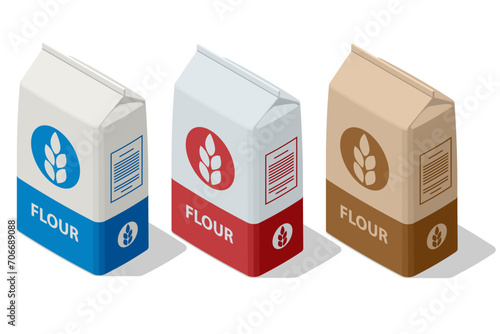 Isometric Paper Bag with Wheat Flour isolated on white. Different flour of wheat cereal in bakery bags. Organic flour