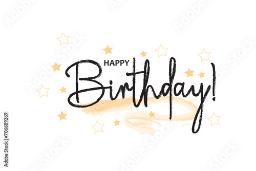 Happy Birthday.Beautiful greeting card scratched calligraphy black text word gold stars. Hand drawn invitation T-shirt print design. Handwritten modern brush lettering white background isolated vector
