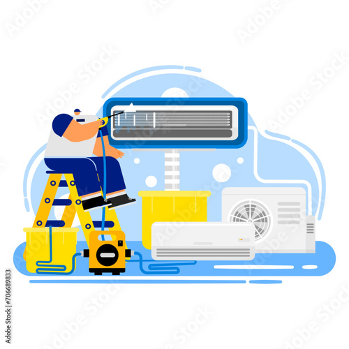 Cartoon of  the  air  conditioner technician  service activities.
