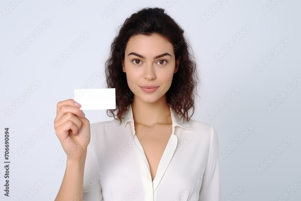 Smiling  girl handing a blank business card over white background
