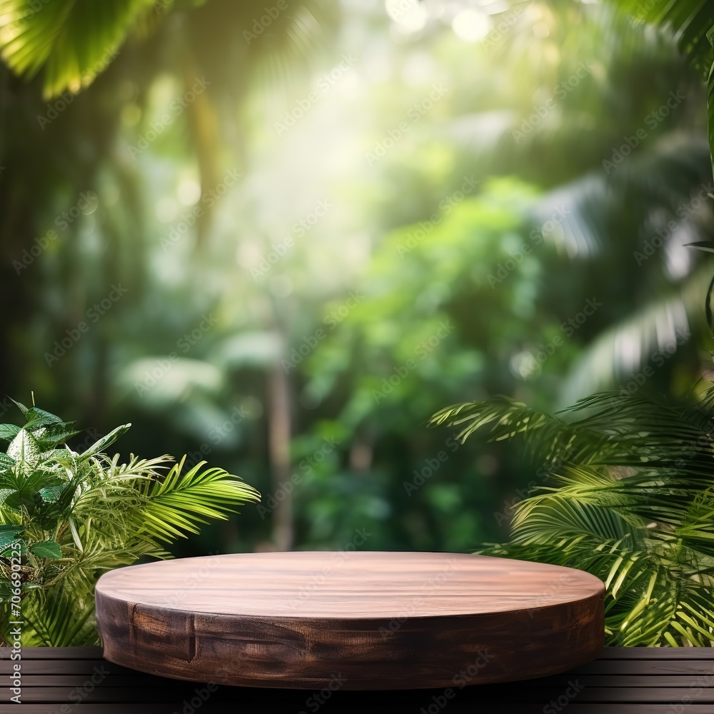 Table top wood counter floor podium in nature outdoors tropical forest garden blurred green jungle plant background.natural product present placement pedestal stand display. Generative Ai Table top wood counter floor podium in nature outdoors tropical forest garden blurred green jungle plant background.natural product present placement pedestal stand display. Generative Ai